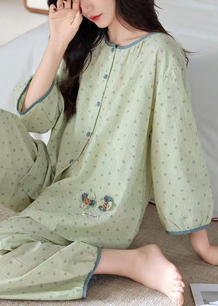 Pieces Cotton Pajamas Print Green Elastic Loose O Two Waist Neck FashionChic