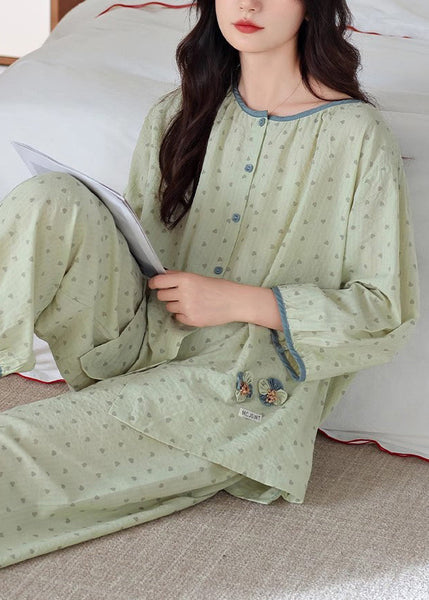 Pieces Cotton Pajamas Print Green Elastic Loose O Two Waist Neck FashionChic