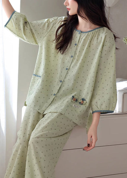 Pieces Cotton Pajamas Print Green Elastic Loose O Two Waist Neck FashionChic