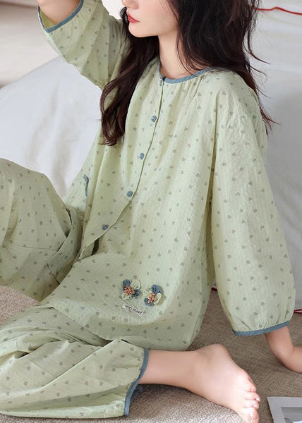 Pieces Cotton Pajamas Print Green Elastic Loose O Two Waist Neck FashionChic