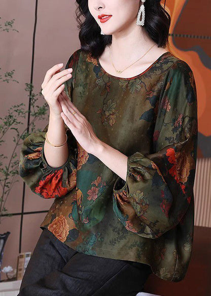 Loose Green O-Neck Print Silk Shirt Bracelet Sleeve QV054 BB-LTP241024