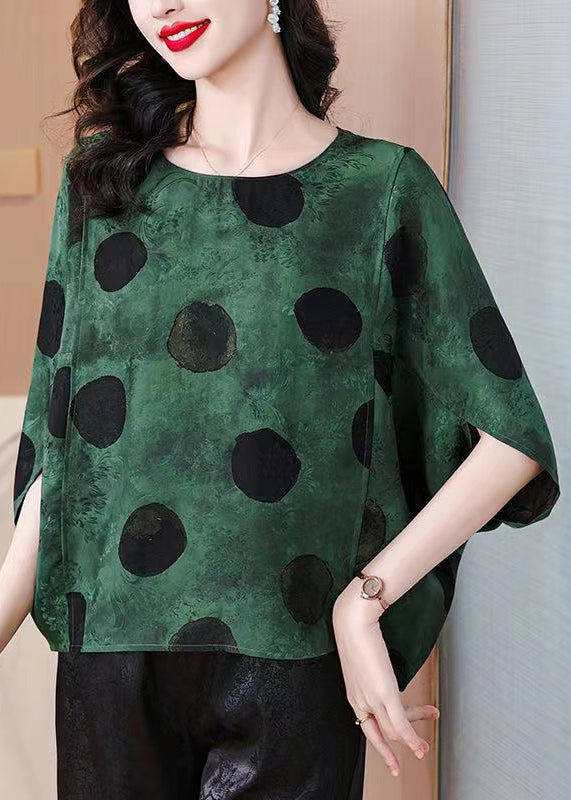 Loose Green O Neck Print Silk Shirts Batwing Sleeve AU1064 MZF-240903