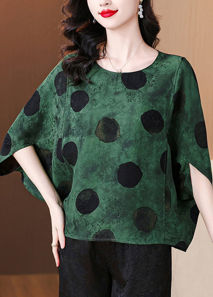 Loose Green O Neck Print Silk Shirts Batwing Sleeve AU1064 MZF-240903