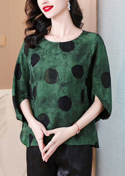 Loose Green O Neck Print Silk Shirts Batwing Sleeve AU1064 MZF-240903