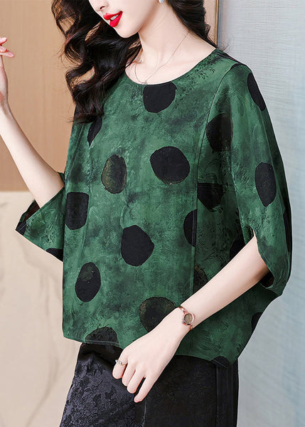 Loose Green O Neck Print Silk Shirts Batwing Sleeve AU1064 MZF-240903