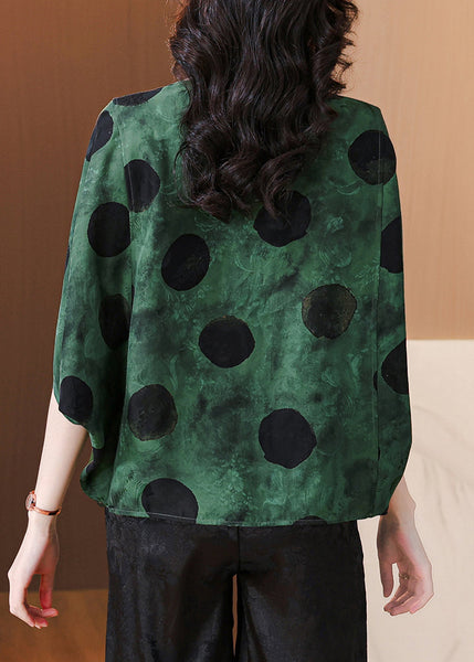 Loose Green O Neck Print Silk Shirts Batwing Sleeve AU1064 MZF-240903
