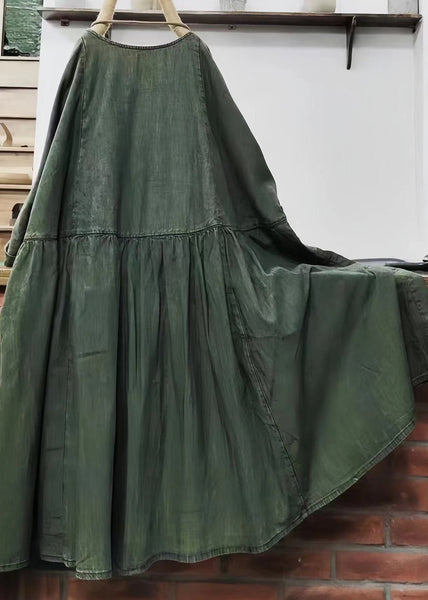 Loose Green O Neck Solid Cotton Mid Dress Long Sleeve MN081 MMDM-FDM240704