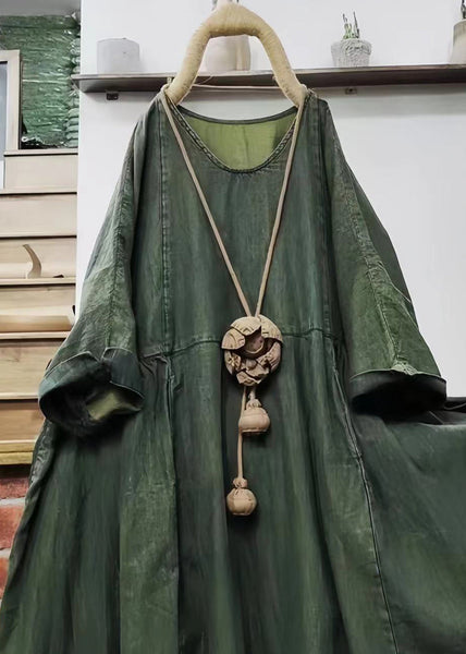 Loose Green O Neck Solid Cotton Mid Dress Long Sleeve MN081 MMDM-FDM240704