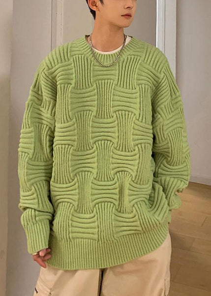 Loose Green O Neck Solid Thick Knit Mens Sweaters Winter QF037 MENSW241016