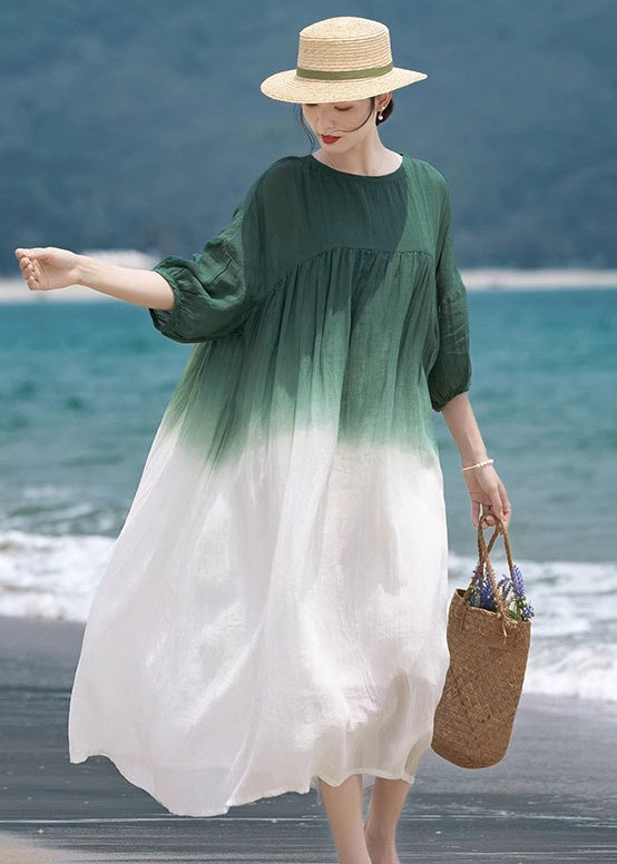 Loose Green O-Neck Wrinkled Patchwork Cotton Dress Half Sleeve MN082 MMDM-SDL240704