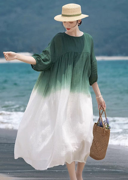 Loose Green O-Neck Wrinkled Patchwork Cotton Dress Half Sleeve MN082 MMDM-SDL240704