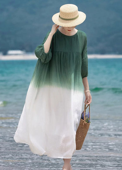 Loose Green O-Neck Wrinkled Patchwork Cotton Dress Half Sleeve MN082 MMDM-SDL240704