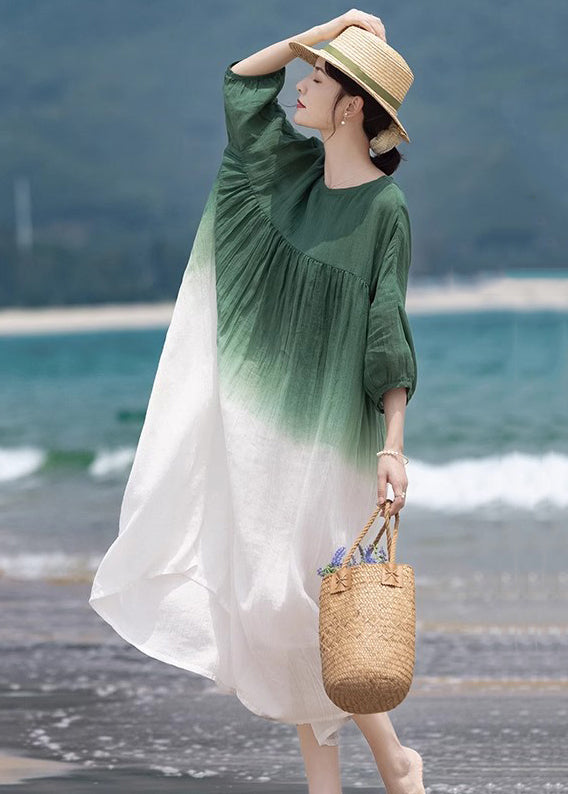 Loose Green O-Neck Wrinkled Patchwork Cotton Dress Half Sleeve MN082 MMDM-SDL240704