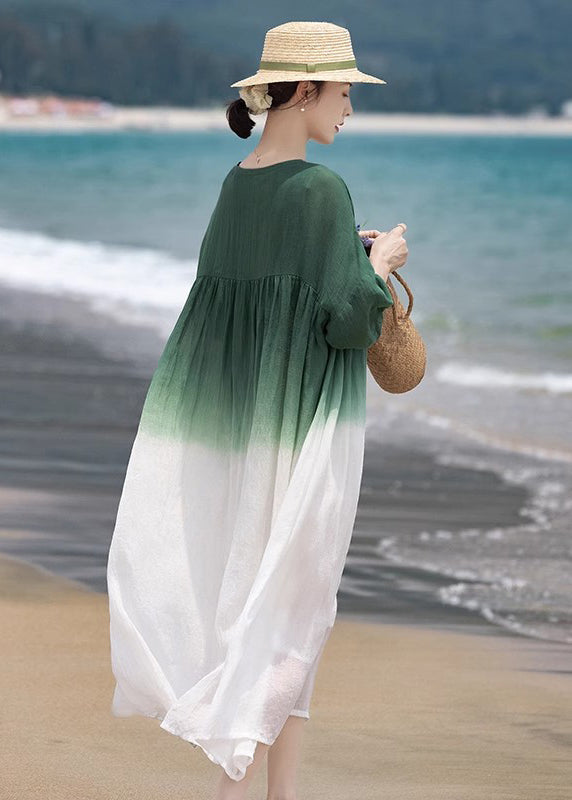 Loose Green O-Neck Wrinkled Patchwork Cotton Dress Half Sleeve MN082 MMDM-SDL240704