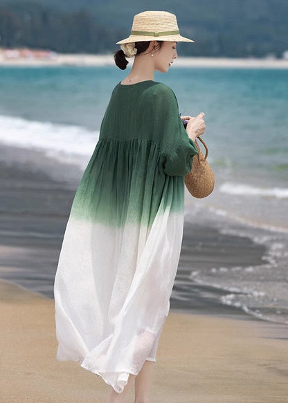 Loose Green O-Neck Wrinkled Patchwork Cotton Dress Half Sleeve MN082 MMDM-SDL240704