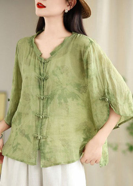Green Tops Shirt Oriental Jacquard Cotton Loose Button Summer FashionChic