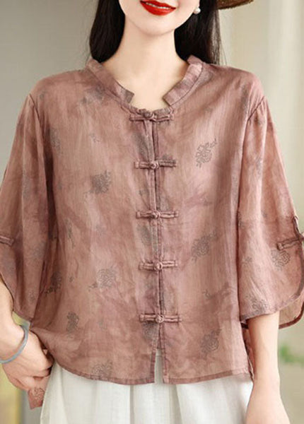 Green Tops Shirt Oriental Jacquard Cotton Loose Button Summer FashionChic