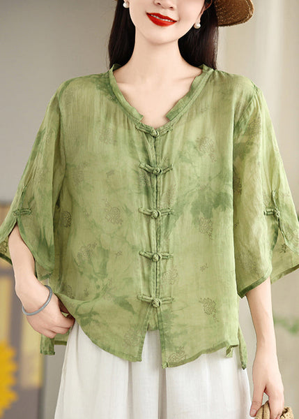 Green Tops Shirt Oriental Jacquard Cotton Loose Button Summer FashionChic