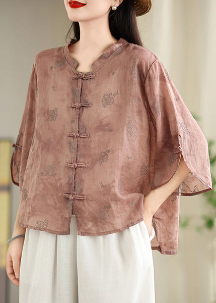Green Tops Shirt Oriental Jacquard Cotton Loose Button Summer FashionChic