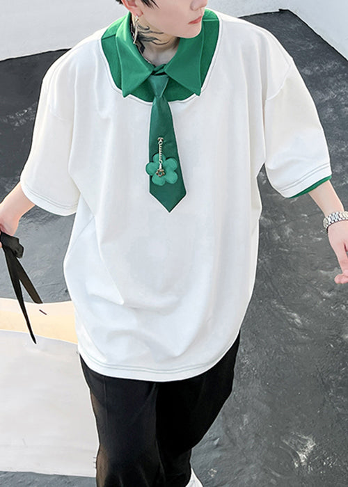 Patchwork Shirts Mens Original Polo Design Green Loose Cotton FashionChic