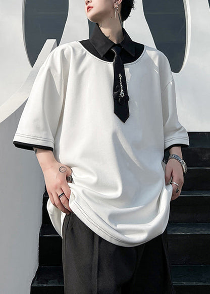 Patchwork Shirts Mens Original Polo Design Green Loose Cotton FashionChic