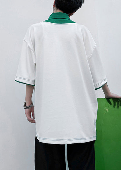 Patchwork Shirts Mens Original Polo Design Green Loose Cotton FashionChic