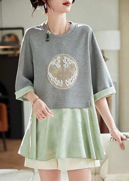 Two Pieces Loose T Shirt Summer Green Patchwork Fake FashionChic