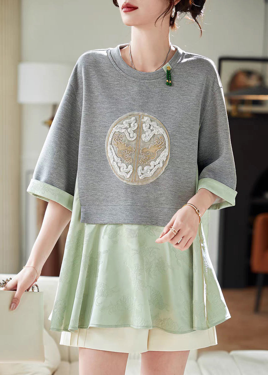 Two Pieces Loose T Shirt Summer Green Patchwork Fake FashionChic