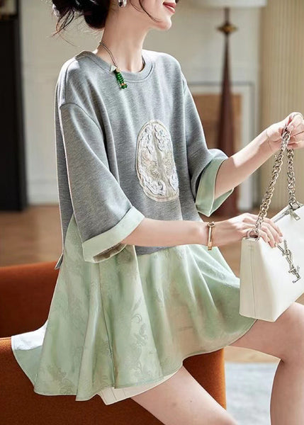 Two Pieces Loose T Shirt Summer Green Patchwork Fake FashionChic