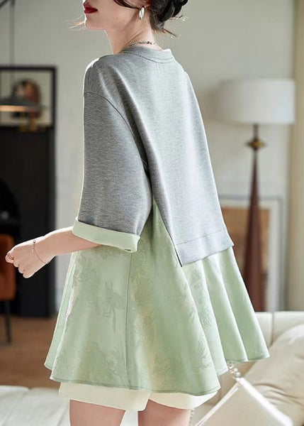 Two Pieces Loose T Shirt Summer Green Patchwork Fake FashionChic