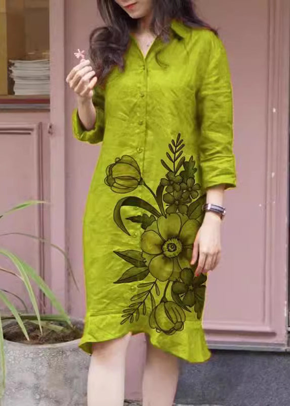 Collar Print Long Dress Button Green Loose Pan Shirts Fall Peter FashionChic