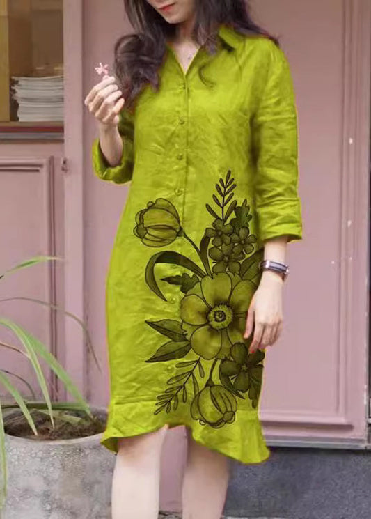 Collar Print Long Dress Button Green Loose Pan Shirts Fall Peter FashionChic