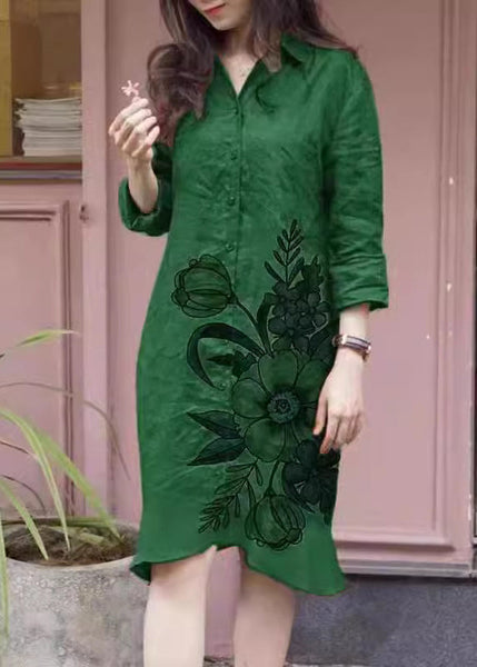 Collar Print Long Dress Button Green Loose Pan Shirts Fall Peter FashionChic
