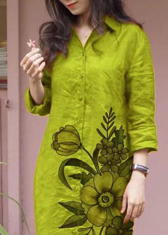 Collar Print Long Dress Button Green Loose Pan Shirts Fall Peter FashionChic