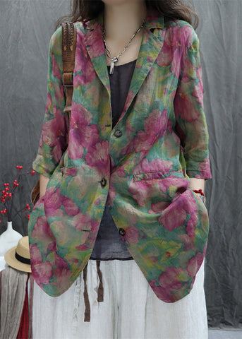 Loose Cotton Pan Coats Green Collar Print Spring Peter FashionChic
