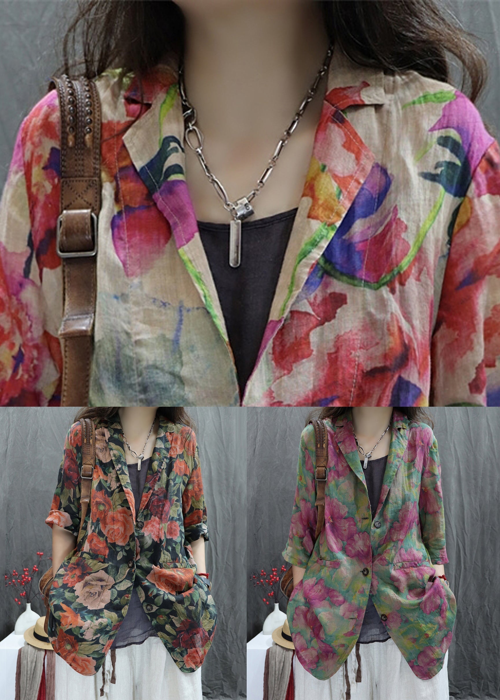 Print Spring Loose Peter Coats Cotton Pan Collar Green FashionChic