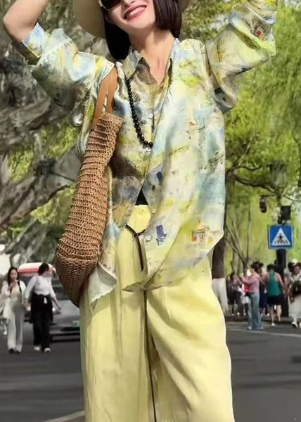 Collar Pieces High Green Waist Peter Cotton Two Loose Pan Print FashionChic