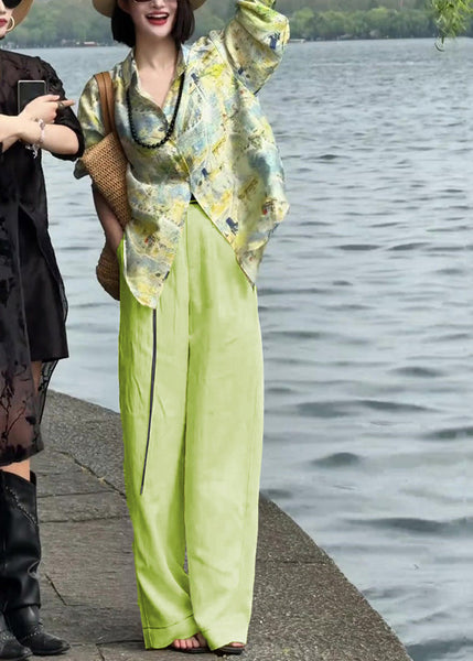 Collar Pieces High Green Waist Peter Cotton Two Loose Pan Print FashionChic