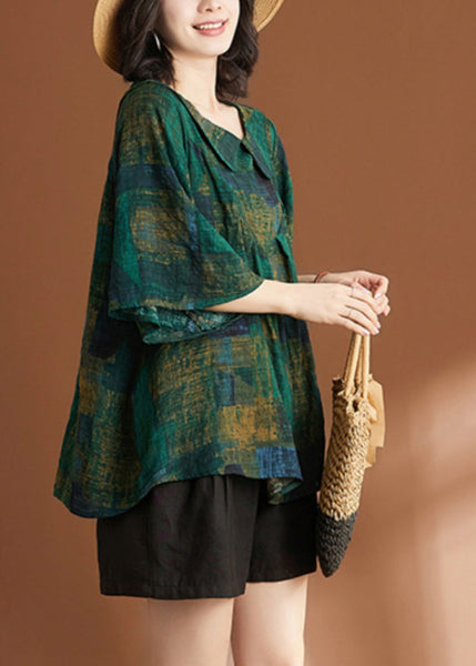 Loose Green Peter Pan Collar Print Shirt Short Sleeve AP061 GK-STP240718