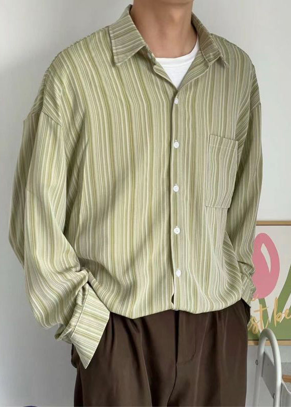 Loose Green Peter Pan Collar Striped Cotton Shirt Men Fall RO005 ABC