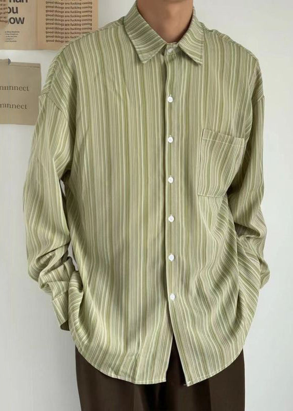 Loose Green Peter Pan Collar Striped Cotton Shirt Men Fall RO005 ABC