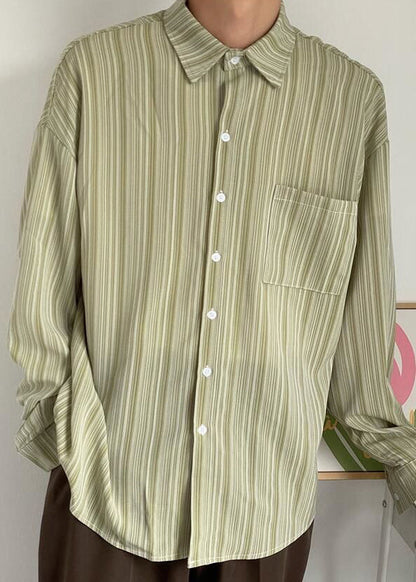 Loose Green Peter Pan Collar Striped Cotton Shirt Men Fall RO005 ABC