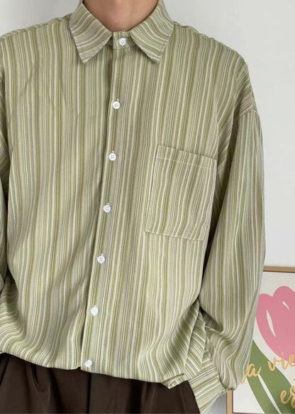 Loose Green Peter Pan Collar Striped Cotton Shirt Men Fall RO005 ABC