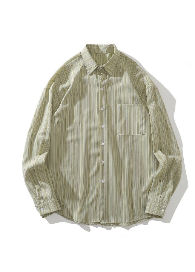 Loose Green Peter Pan Collar Striped Cotton Shirt Men Fall RO005 ABC