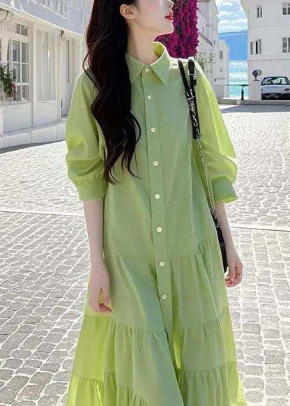 Pan Blouses Peter Loose Button Collar Wrinkled Green Cotton FashionChic