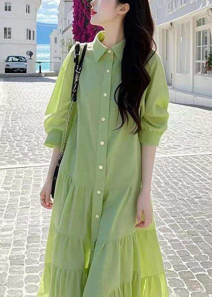 Pan Blouses Peter Loose Button Collar Wrinkled Green Cotton FashionChic