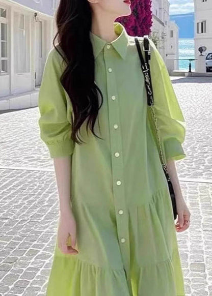 Pan Blouses Peter Loose Button Collar Wrinkled Green Cotton FashionChic