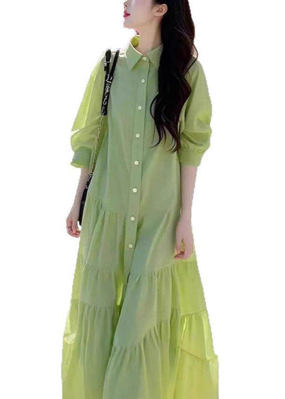 Pan Blouses Peter Loose Button Collar Wrinkled Green Cotton FashionChic