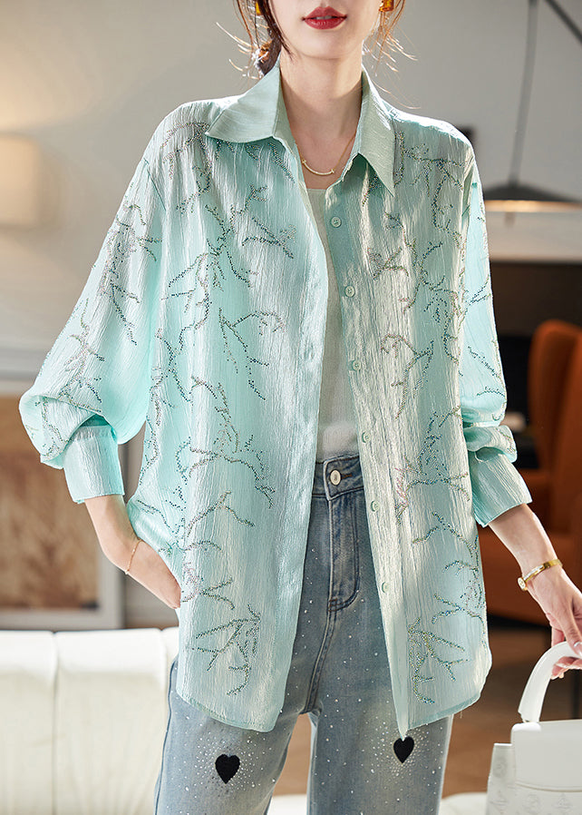 Loose Green Peter Pan Collar Zircon Blouse Long Sleeve AB1024 Genistyle Shop