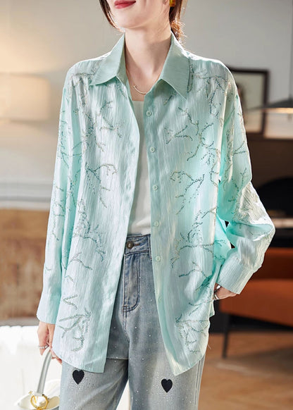 Loose Green Peter Pan Collar Zircon Blouse Long Sleeve AB1024 Genistyle Shop